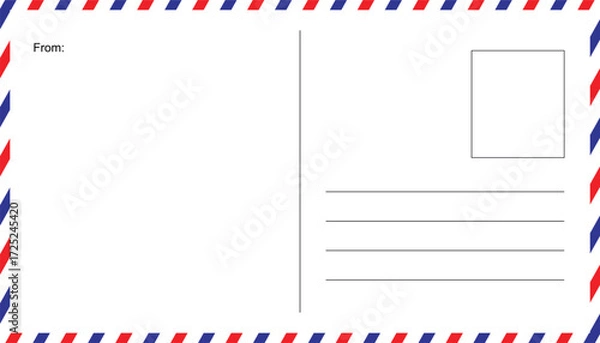 Fototapeta Airmail envelope frame with strips, lines for name and address. retro air mail postcard with blue and red stripes. postcard envelope frame template