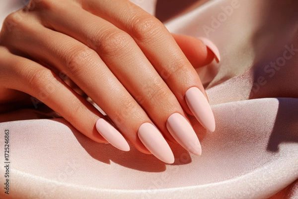 Obraz Hands with a classic French manicure are gently placed on luxurious, soft fabric. The delicate pink polish contrasts beautifully with the white tips, creating an elegant look