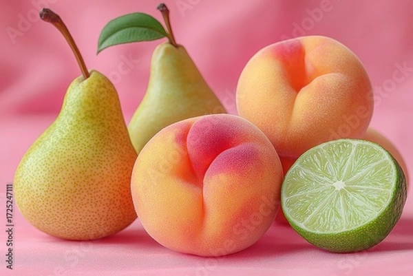 Fototapeta Fresh pears, juicy peaches, and vibrant lime on pink background for healthy eating, summer, and vegan concepts