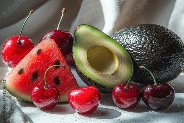 Fototapeta Fresh summer fruits assortment with ripe avocado, cherries, and watermelon slice on light fabric background