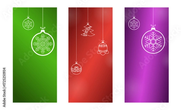 Fototapeta Red, green, purple vertical winter background decoration set with snowflake, balls vector. Vertical screen winter holidays card set to use for christmas cards, holiday greeting, phone background.