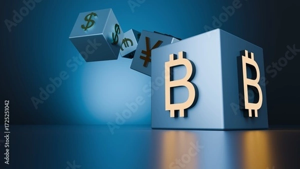 Fototapeta Bitcoin And Currency Exchange 3D Cubes With Dollar Yen And Euro Signs On Blue Background For Finance Cryptocurrency Investment