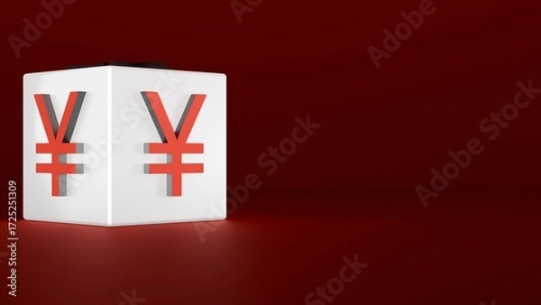 Fototapeta 3D Japanese Yen Cube Currency Symbol On White Block Against Red Background Representing Global Economy Finance Banking And Investment