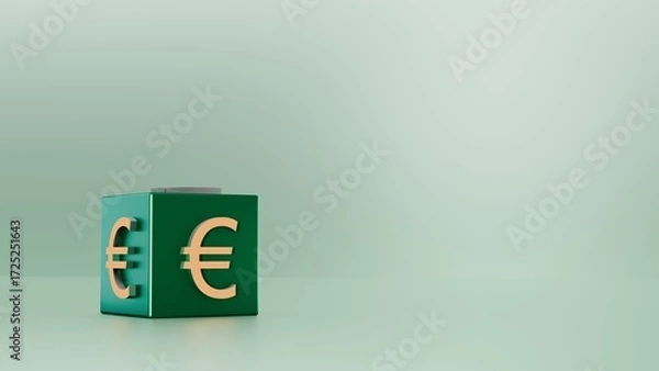 Fototapeta Green Cube With Golden Euro Currency Symbol On Light Background For Finance Banking Investment And Economy Concepts