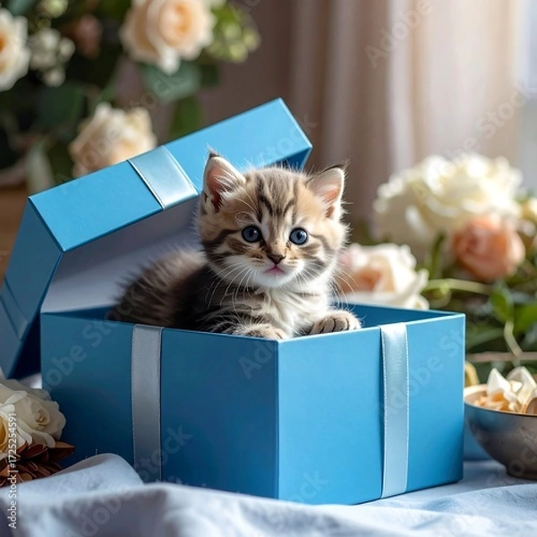 Fototapeta Kitten in a gift box surrounded by flowers