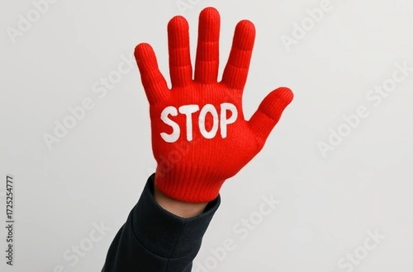 Fototapeta Raised hand in a vivid red glove clearly displays a 'STOP' message, serving as a powerful visual symbol against bullying, promoting safety and awareness