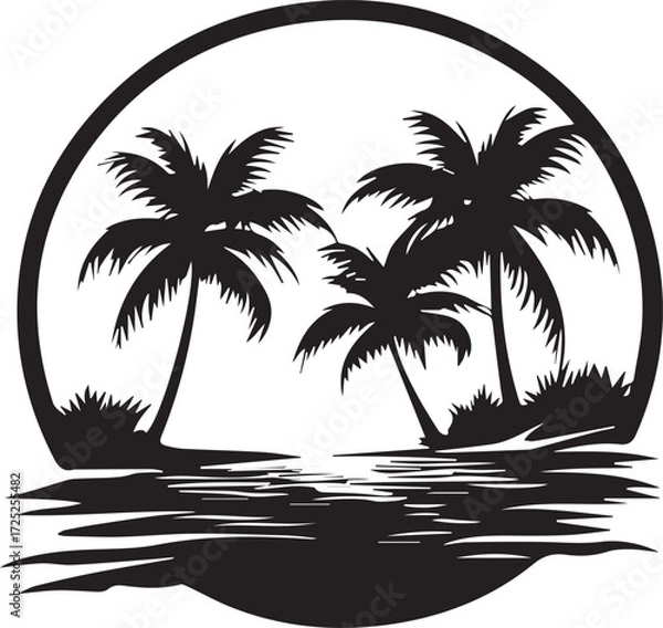 Fototapeta palm coconut tree on a sea beach with birds flying above silhouette illustration art vector