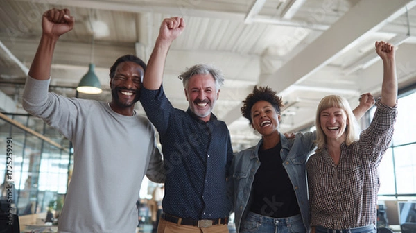 Fototapeta Team Celebration in the Office: A diverse team of colleagues revels in triumph, arms raised in joyful celebration within their modern office, the scene conveying teamwork.