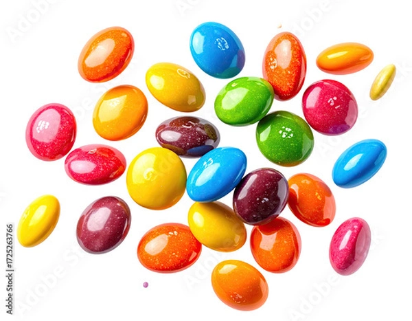Fototapeta Colorful, round candies scattered in a vibrant array against a black background