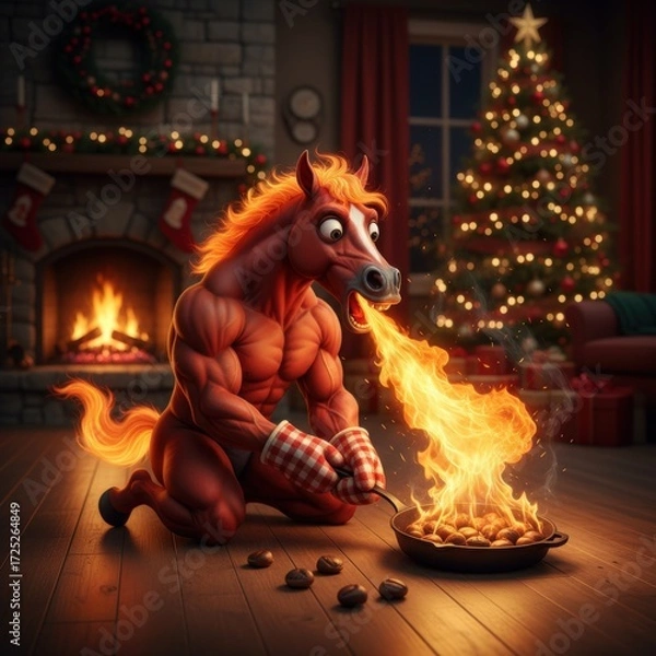 Fototapeta Humorous Christmas scene featuring a muscular, fire-breathing horse roasting chestnuts in a festive living room setting with a Christmas tree and fireplace creating a comical holiday moment