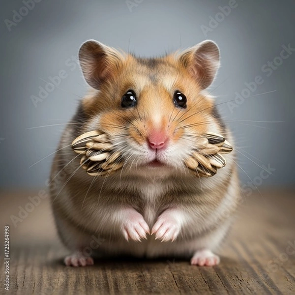 Fototapeta Adorable hamster with bulging cheeks holding sunflower seeds, portrait in studio, on wooden table, gray background, captivating image of a small pet with its paws together .