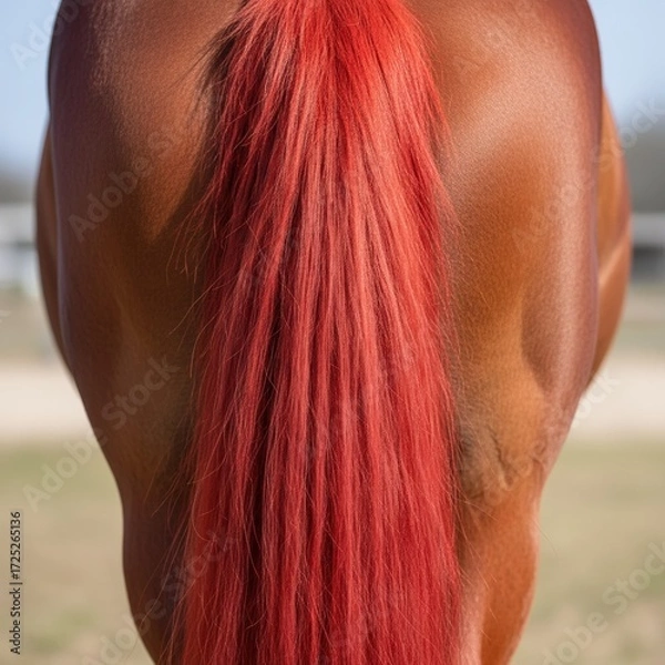 Fototapeta Close-up of a chestnut horse's rear with a striking red tail, beautifully groomed and presented against a soft, blurred background creating a visually captivating image .