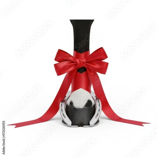 Fototapeta A horse's hoof decorated with a red bow and a horseshoe creates a festive, gift-like appearance in a minimalist white studio setting .