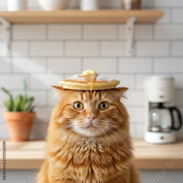 Fototapeta Adorable orange cat with a pancake on its head in a bright kitchen, creating a humorous and heartwarming scene that is bound to bring a smile
