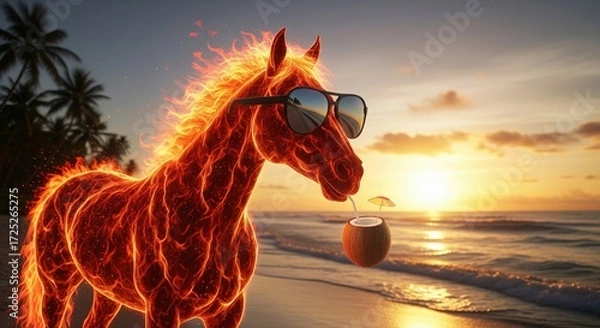 Fototapeta A fiery horse wearing sunglasses sips a coconut drink on a beach at sunset with palm trees in the background, creating a surreal and vibrant scene.