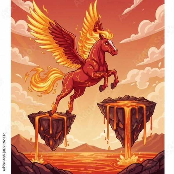 Fototapeta Fiery steed: A dynamic cartoon image of a flaming pegasus leaping over molten lava rock islands, in a fantasy landscape with mountains and cloudy sky, exuding power and majesty