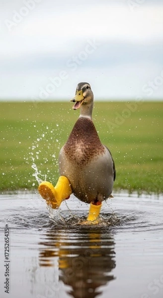 Fototapeta A delightful and humorous shot of a male mallard duck joyfully splashing in a puddle while wearing charming yellow rain boots, adding a touch of whimsy to a natural scene .