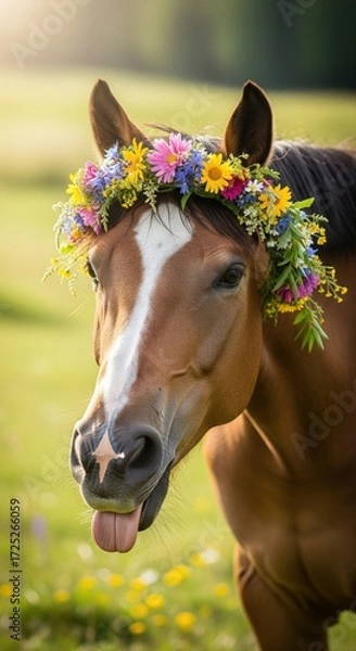 Fototapeta A cute brown horse with a white blaze wearing a flower crown sticks its tongue out in a grassy field, bathed in soft, natural light creating a whimsical and charming portrait