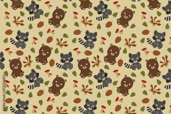 Fototapeta Raccoon And Bear Autumn Pattern swatch available in swatches panel, Cute Woodland Seamless Vector Design