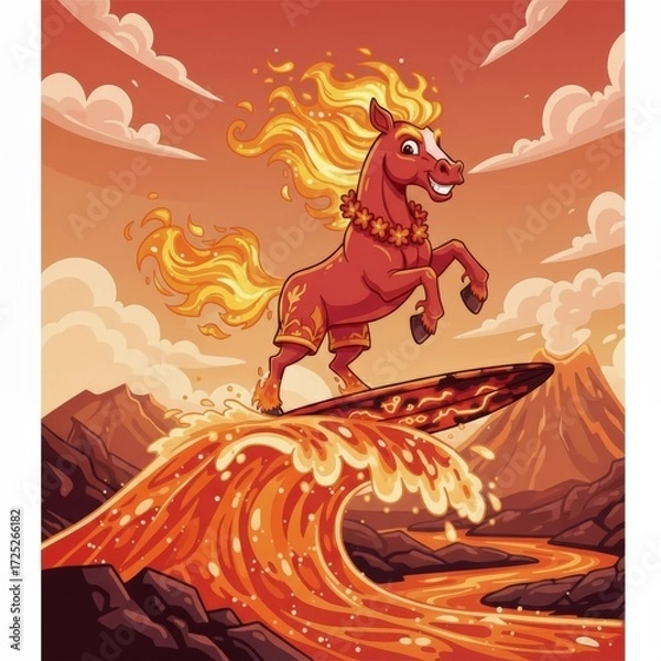 Fototapeta A whimsical illustration of a fire horse surfing a lava wave with volcanoes and orange sky in the background, set in a Hawaiian-themed scene with playful charm