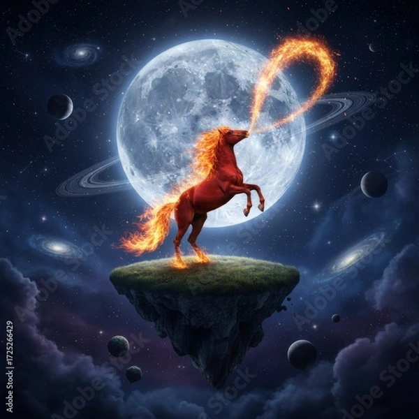Fototapeta Majestic fire horse rearing on a floating island against a giant moon in a surreal space scene with planets and galaxies, exuding fantasy and wonder