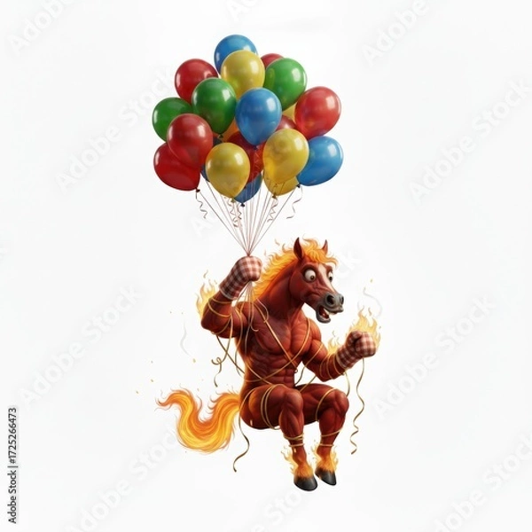 Fototapeta Humorous illustration of a muscular, anthropomorphic horse with a fiery mane and tail, wearing checkered mittens, floating with a bunch of colorful balloons against a white background