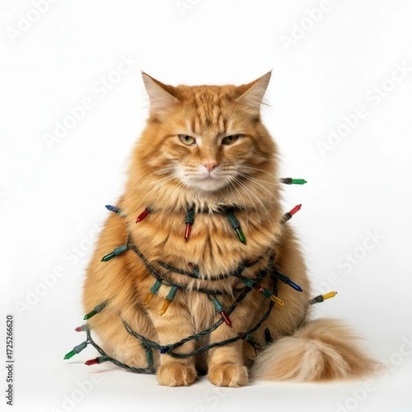 Fototapeta A ginger fluffy cat sits with displeasure tangled in colorful Christmas lights looking at the camera against a white background .