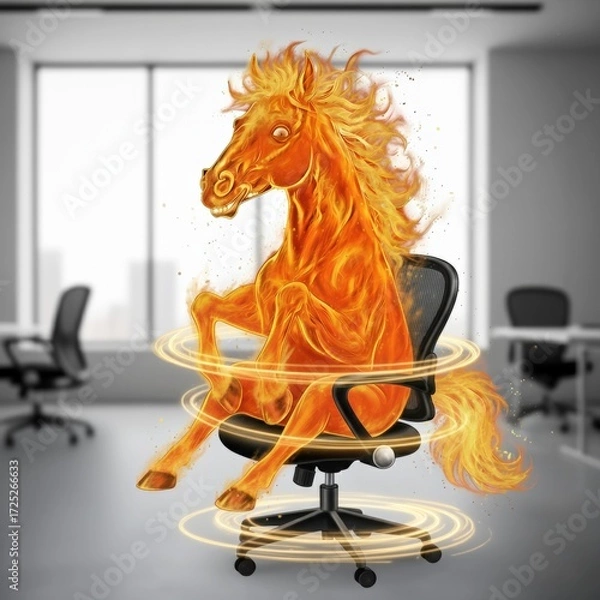 Fototapeta Humorous digital illustration of a horse engulfed in flames, unexpectedly seated in an office chair, creating a playful yet surreal juxtaposition in a modern office setting