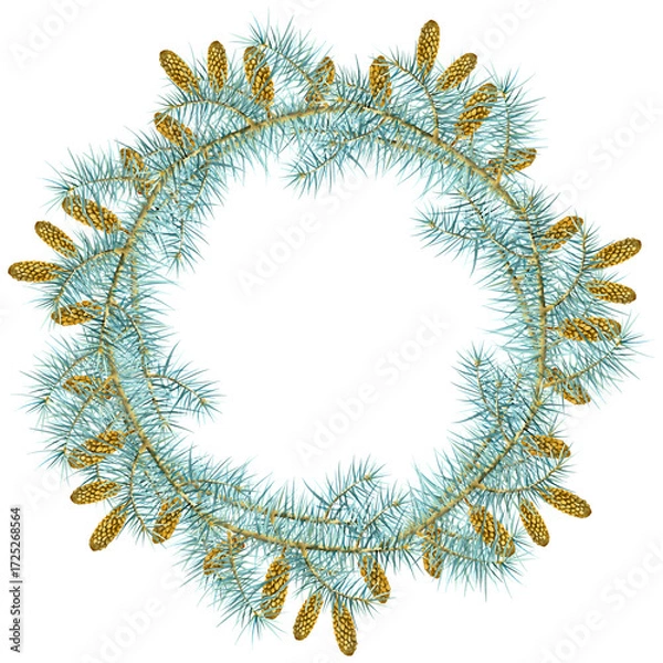 Fototapeta Fir branches pine cones botanical greenery winter watercolor illustration frame round wreath. Isolated background. Decorative winter seasonal nature. Forest tree needles decor. Fabric decoration