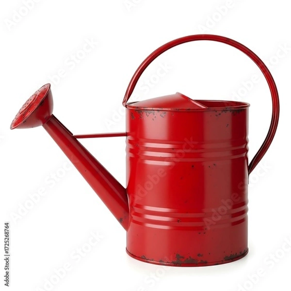 Obraz Weathered red metal watering can on white background representing rustic, aged, textured, nostalgic
