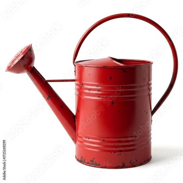 Obraz Weathered red metal watering can on white background representing rustic, aged, textured, nostalgic
