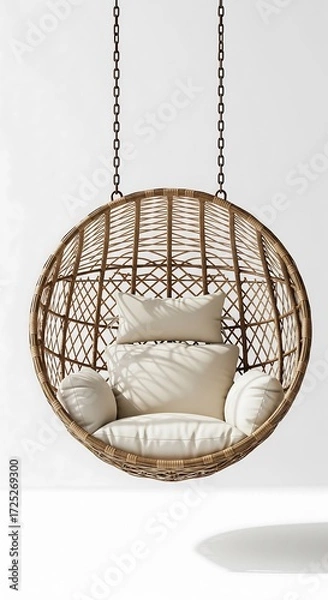 Obraz Circular rattan hanging chair with cushions on white background representing cozy, minimal, rustic, modern