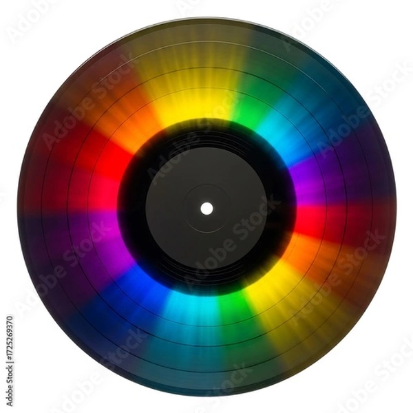 Obraz Vinyl record with rainbow light reflection on white background representing musical, nostalgic, artistic, vibrant