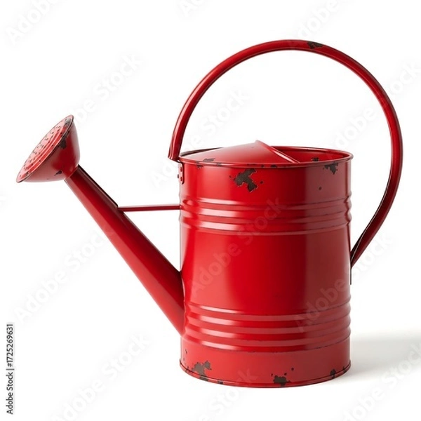 Obraz Weathered red metal watering can on white background representing rustic, aged, textured, nostalgic