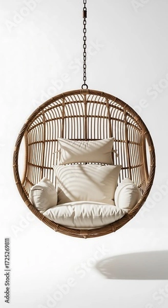 Obraz Circular rattan hanging chair with cushions on white background representing cozy, minimal, rustic, modern