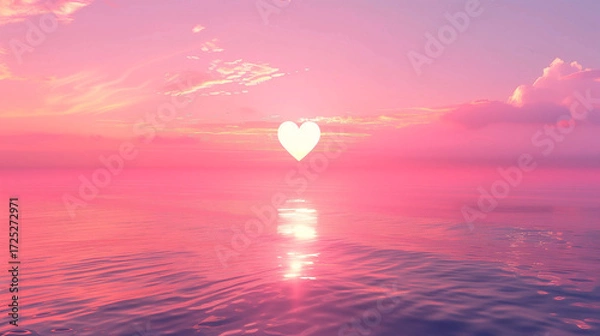 Fototapeta beautiful pink heart-shaped sunset shines over colorful, glowing water, creating a stunning summer atmosphere reminiscent of paradise.