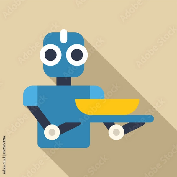 Fototapeta Blue robot waiter carrying a serving tray with a dish, representing automation in the food service industry