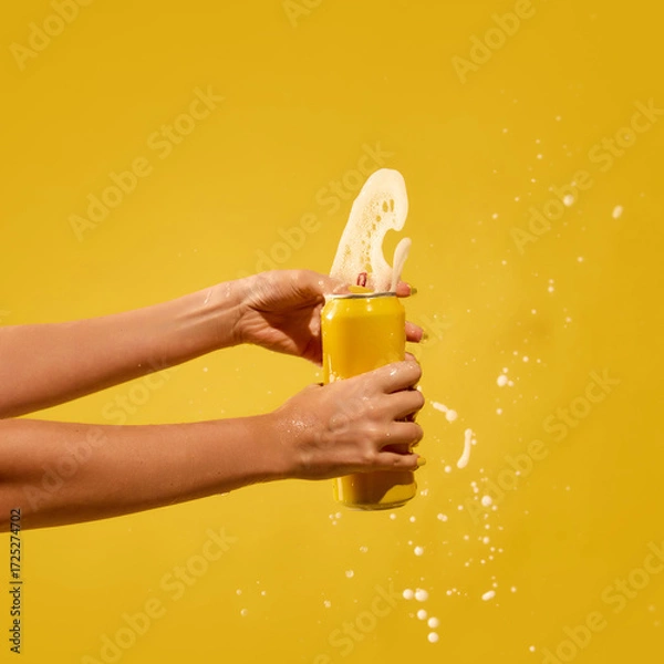 Fototapeta Female hands opening beer can with foam burst on yellow background. Concept of beverage campaigns, alcohol marketing, youth branding and monochrome lifestyle content. Mockup for text, ad