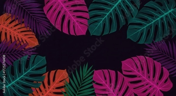 Fototapeta Colorful monstera leaves arranged around a dark central space.