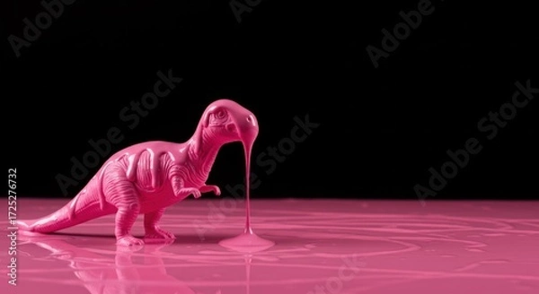 Fototapeta Pink dinosaur figure with dripping substance against black background on pink surface.