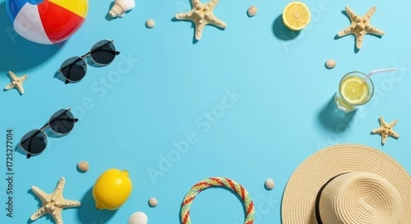 Fototapeta Beach accessories starfish and lemon drink arranged on a light blue background.