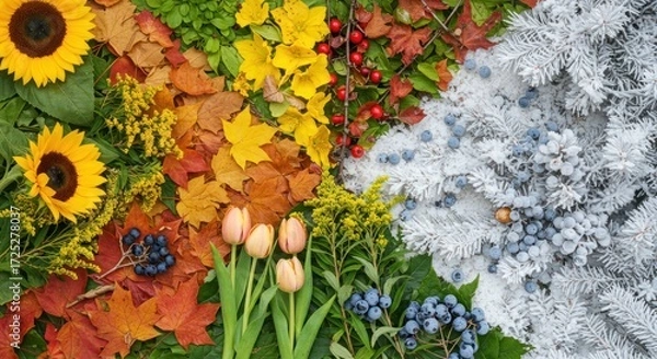 Fototapeta Four seasons represented by flowers leaves and snow in a colorful arrangement.