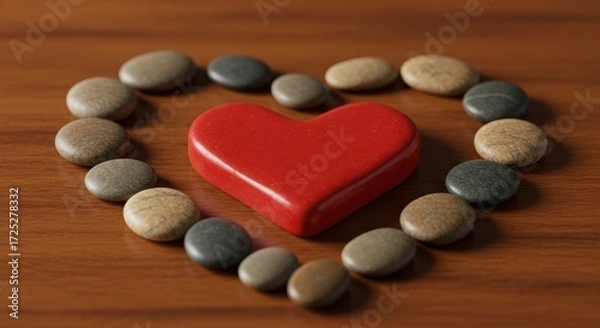 Fototapeta Red heart surrounded by stones on wood surface representing love and affection.