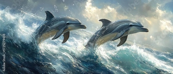 Obraz Oceanic Symphony: Two Dolphins Leap Joyfully Through Waves