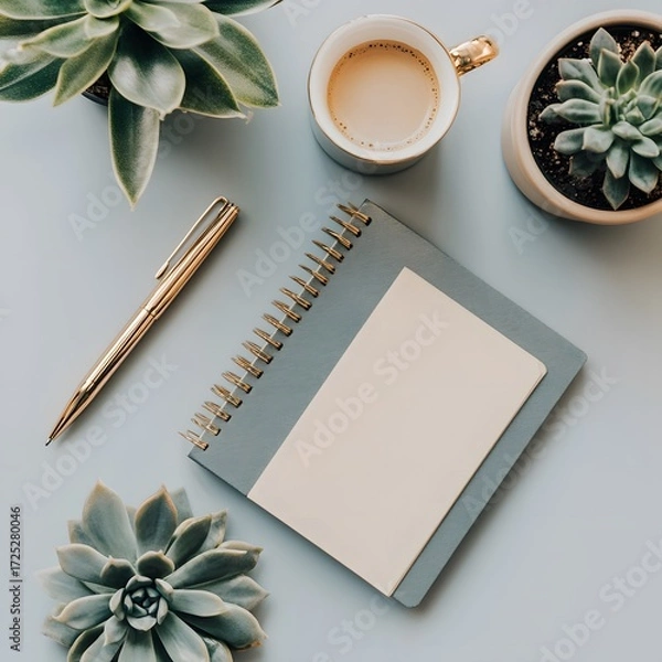 Obraz Flatlay Desk Workspace- Notebook, Pen, Coffee, Succulents