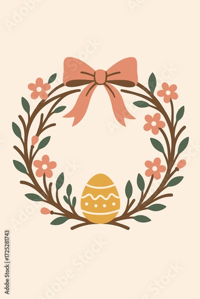 Fototapeta Easter egg and floral wreath in pastel vector style