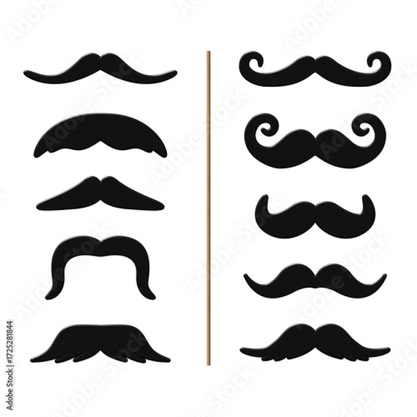 Fototapeta Various black moustaches of different shape and wooden stick isolated on transparent background.