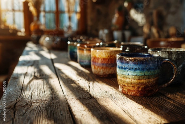 Fototapeta Rustic wooden table adorned with colorful ceramic mugs