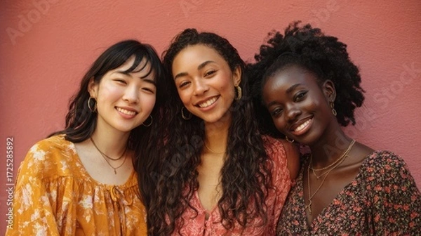 Fototapeta Three young women of diverse backgrounds are smiling together in front of a colorful pink wall, celebrating friendship and unity in a lively setting