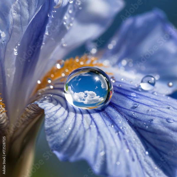 Fototapeta There's a drop of water on a blue flower, and the sky is visible in the drop.